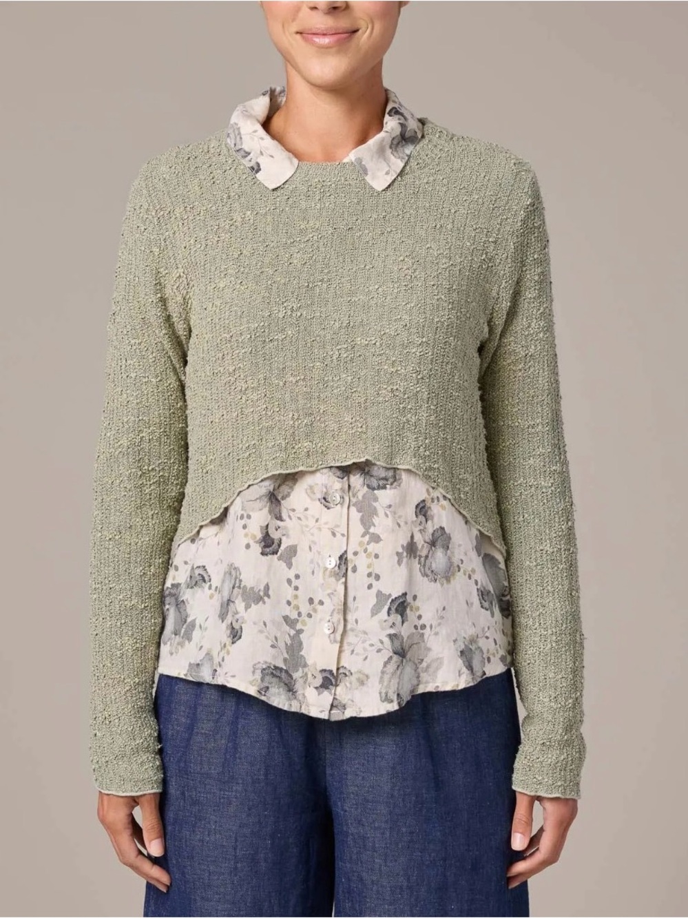 CUT LOOSE Texture Sweater Knit Curved Crop Sweater Overcast Linen blend M
